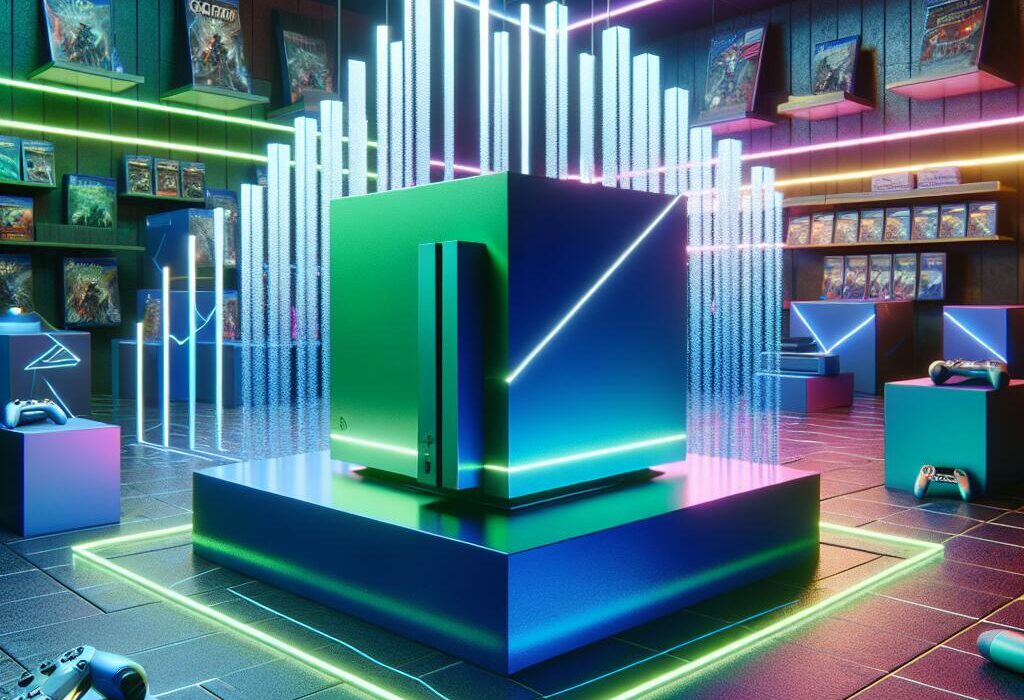 An Xbox console overshadowing a PlayStation console in a modern gaming room, symbolizing the rise of Xbox in gaming sales.