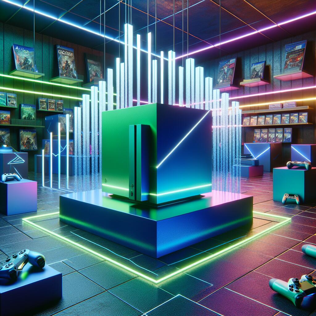 An Xbox console overshadowing a PlayStation console in a modern gaming room, symbolizing the rise of Xbox in gaming sales.