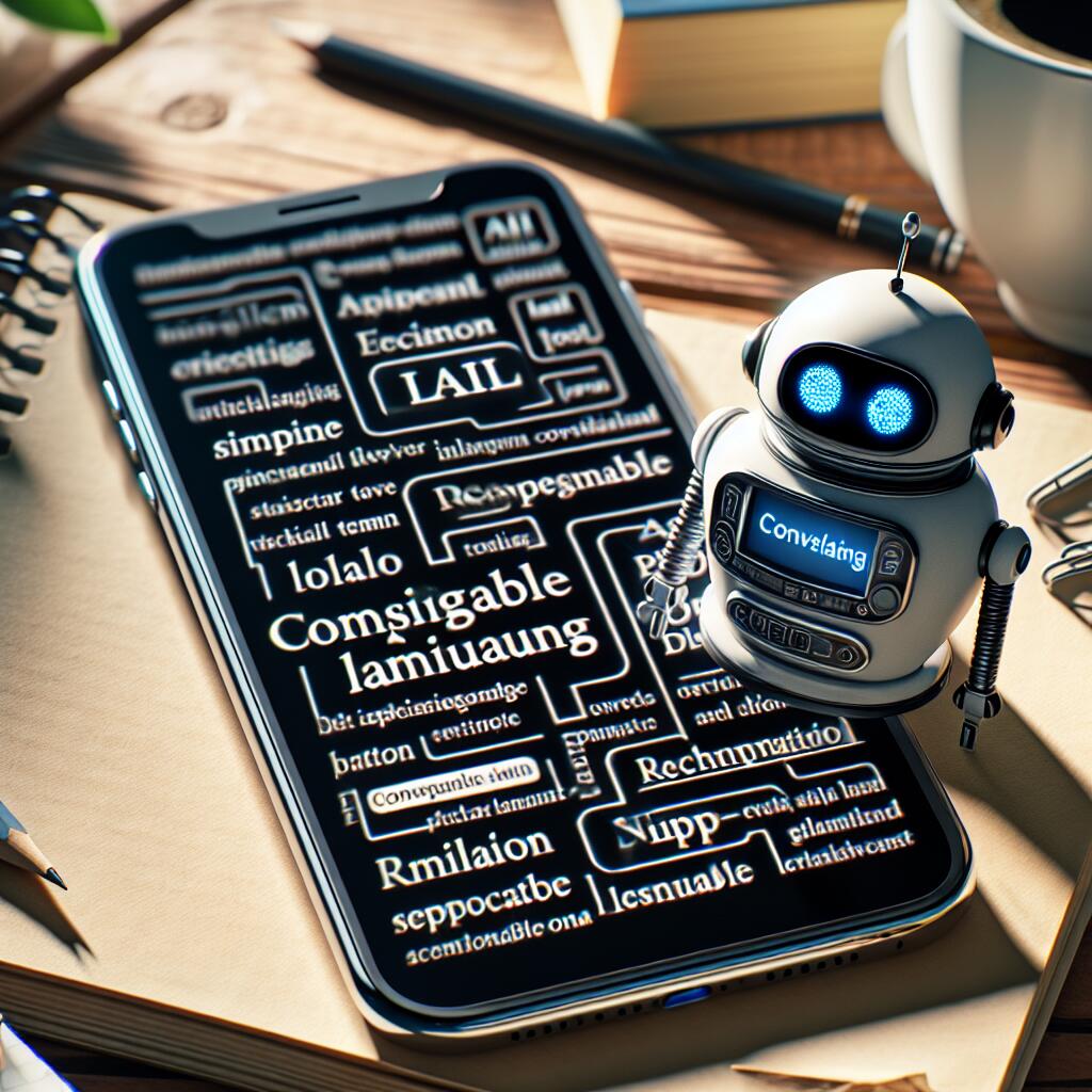 Illustration of a robot simplifying app jargon on a smartphone in a cozy workspace