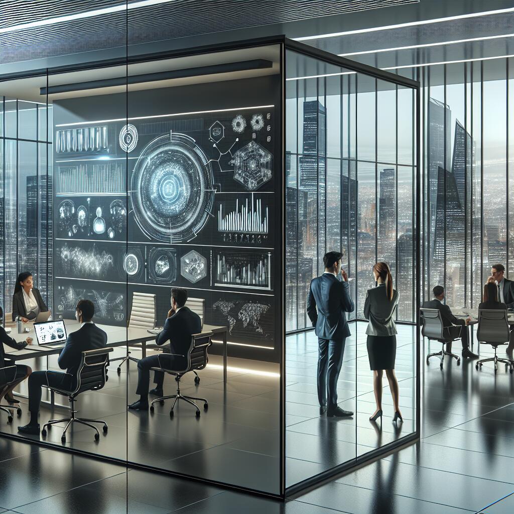 Professionals brainstorming in a modern office environment representing OpenAI's restructuring and future corporate changes.