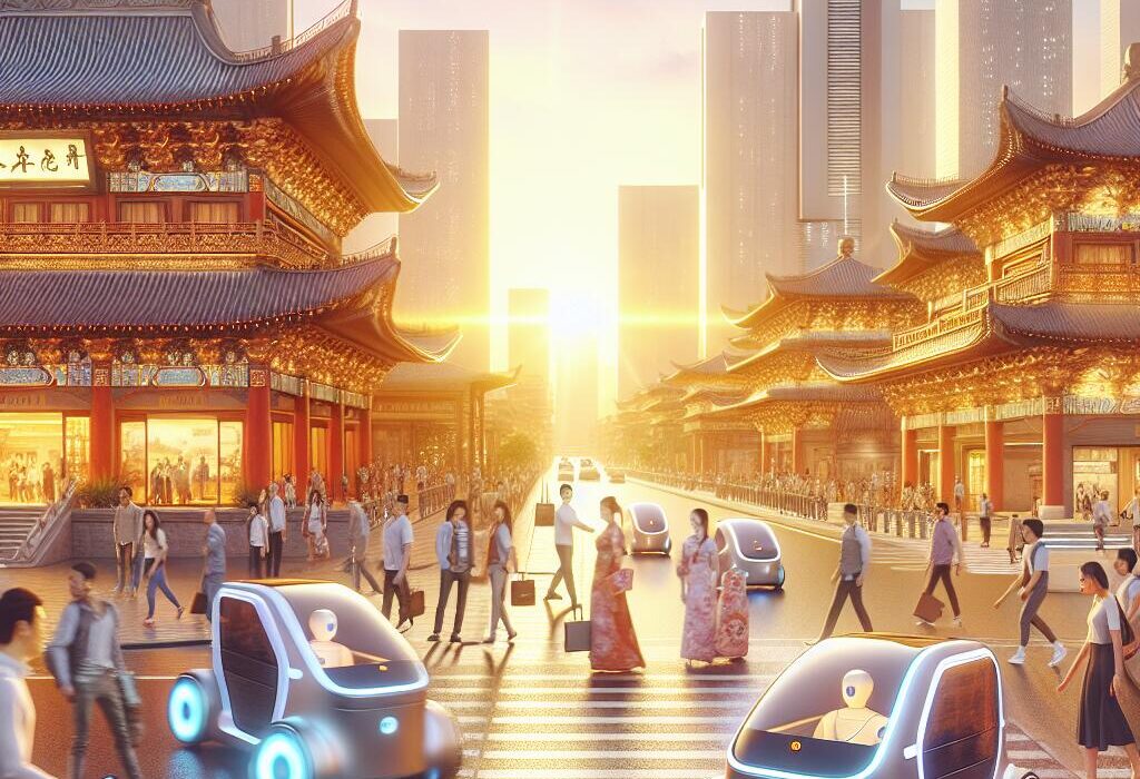 Futuristic city streets with robotaxis and a blend of modern and traditional Chinese architecture, illustrating Uber's alliance with Chinese firms in revolutionizing transportation.