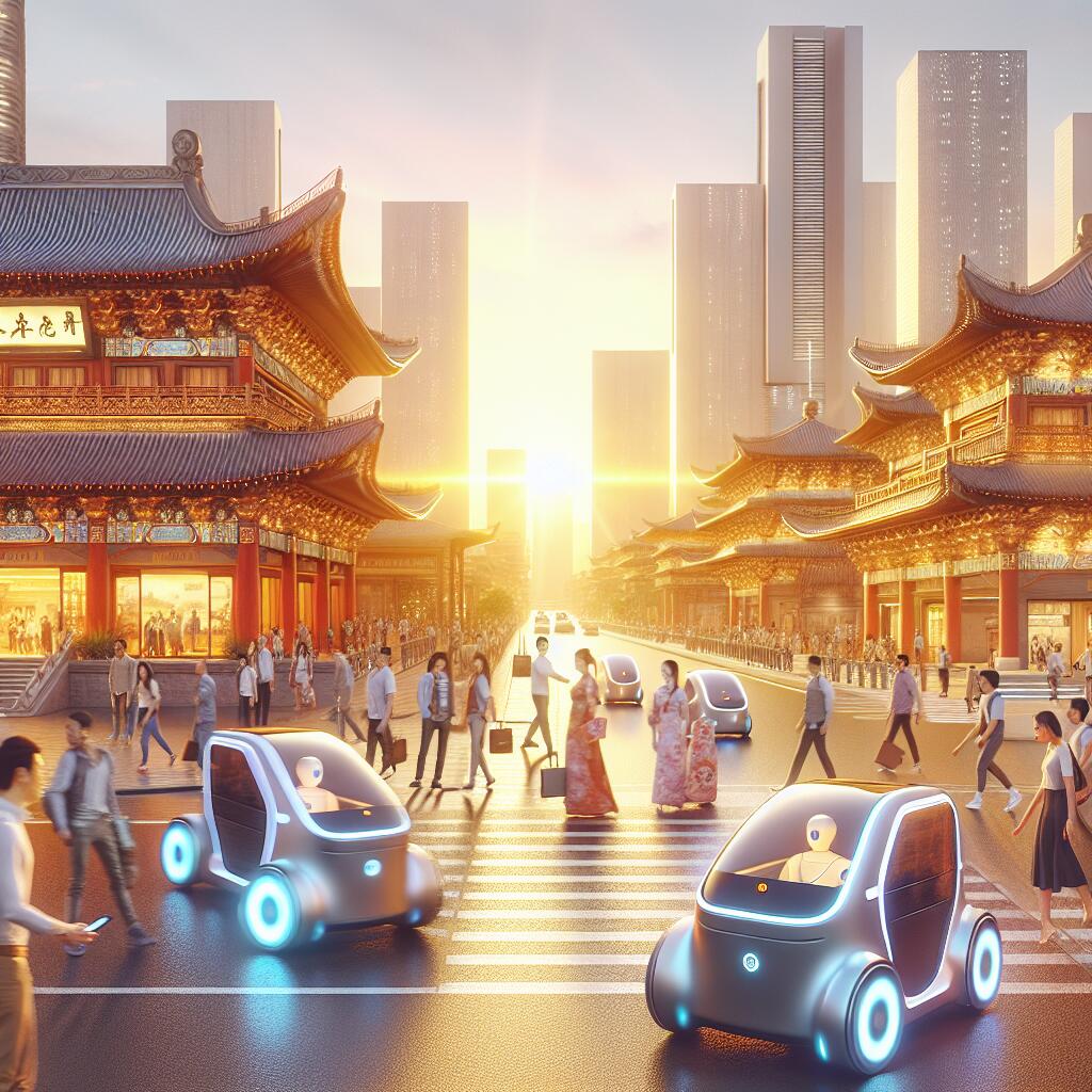 Futuristic city streets with robotaxis and a blend of modern and traditional Chinese architecture, illustrating Uber's alliance with Chinese firms in revolutionizing transportation.