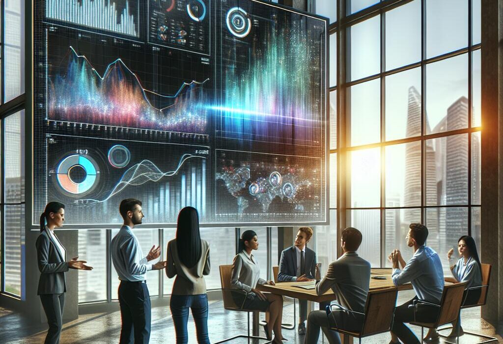Professionals reviewing AI-driven analytics in a modern office