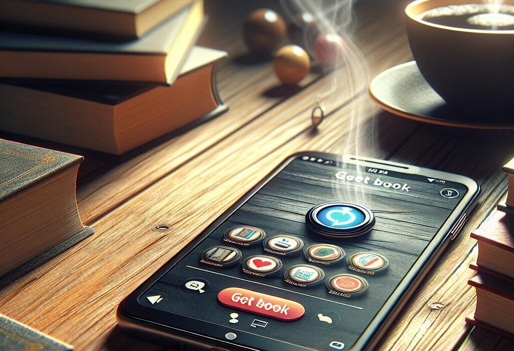 A close-up of an iPhone showing the Kindle app with the 'Get Book' button, alongside a cup of coffee and open books in a cozy setting.