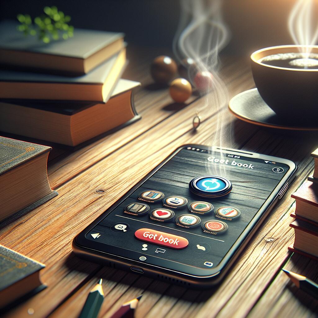 A close-up of an iPhone showing the Kindle app with the 'Get Book' button, alongside a cup of coffee and open books in a cozy setting.