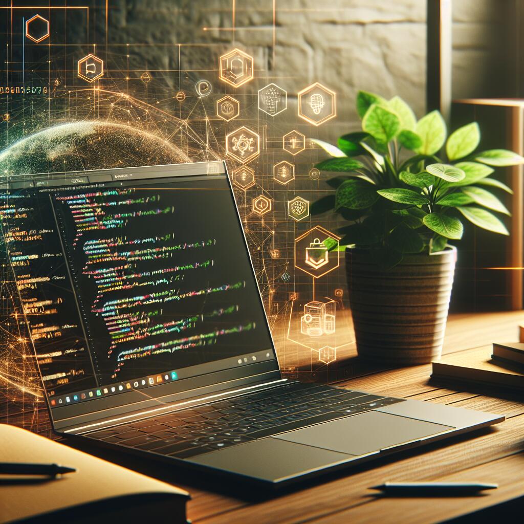 A stylish workspace with a laptop displaying code, representing Google's Gemini 2.5 Pro as an AI coding tool.