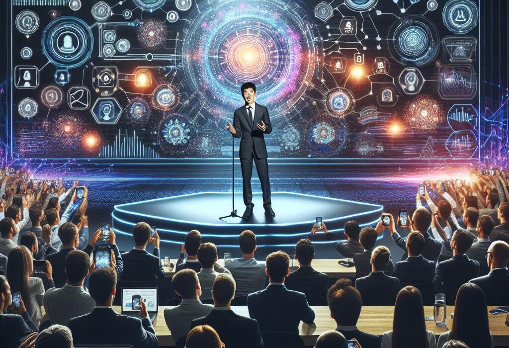 Kisson Lin presenting insights on AI-native startups at TechCrunch AI, surrounded by audience engagement and futuristic AI visuals.