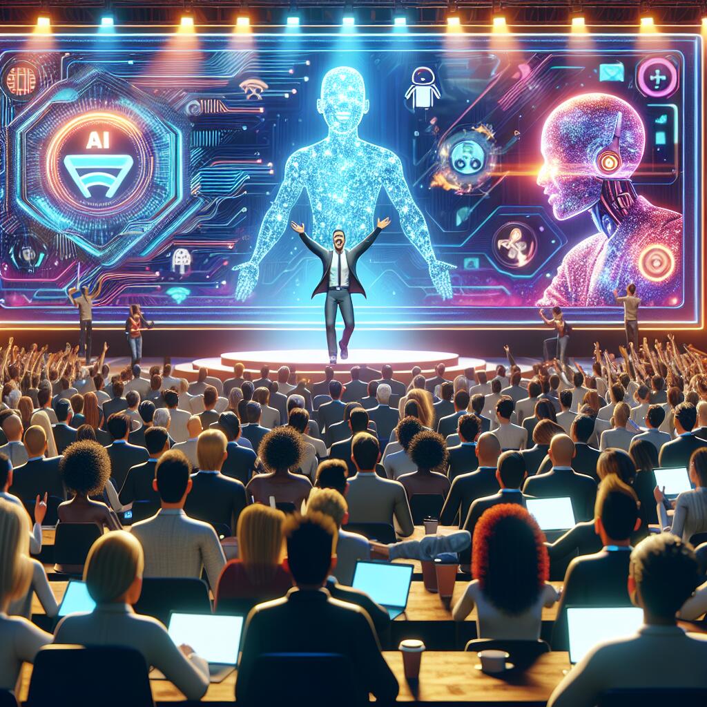 Kisson Lin presenting at TechCrunch AI, with a digitally enhanced background showcasing startup innovation and an engaged audience.