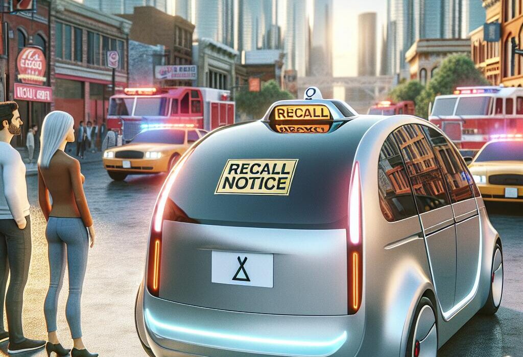 A Zoox robotaxi with a recall notice on the windshield parked in a busy urban street, highlighting safety concerns after a crash.