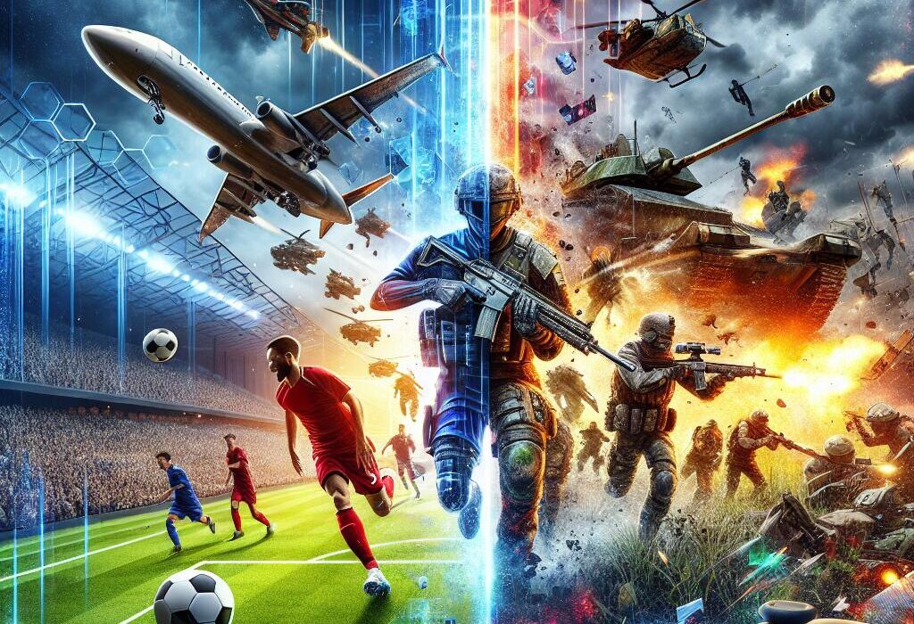 A split scene of sports gaming with EA Sports logo on a football pitch and a battlefield action scene, symbolizing EA's thriving gaming empire.
