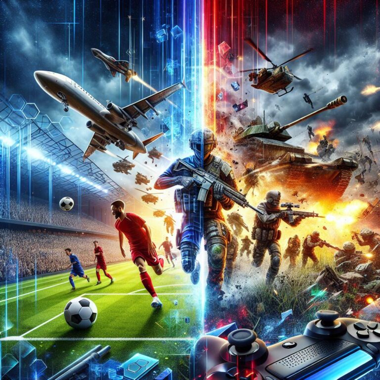 A split scene of sports gaming with EA Sports logo on a football pitch and a battlefield action scene, symbolizing EA's thriving gaming empire.
