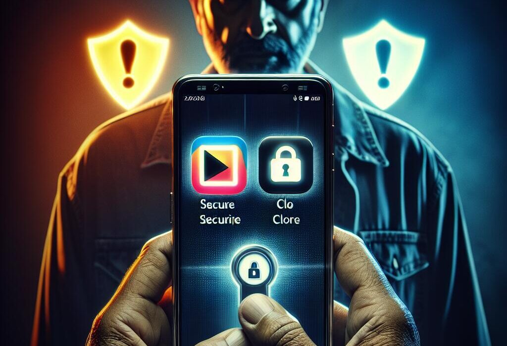Close-up of smartphone showing secure chat app vs. clone chat app with a person looking concerned in the background
