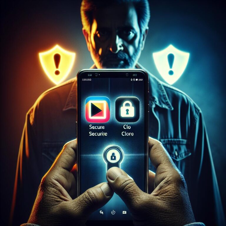Close-up of smartphone showing secure chat app vs. clone chat app with a person looking concerned in the background