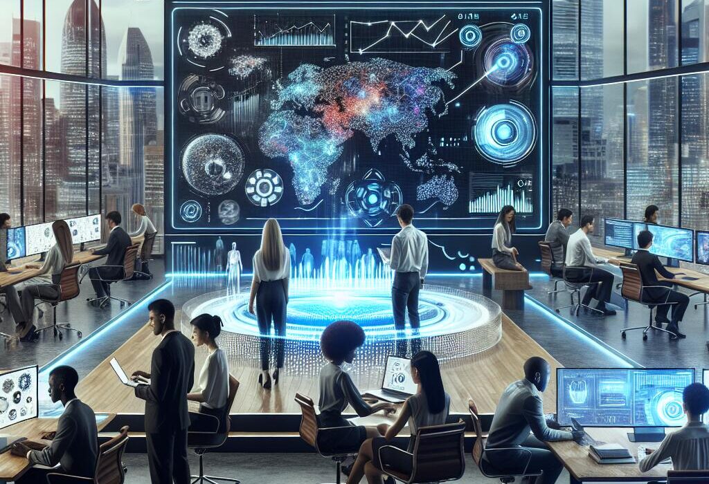 Diverse professionals collaborating in a high-tech office, visualizing generative AI's impact on tech budgets in 2025