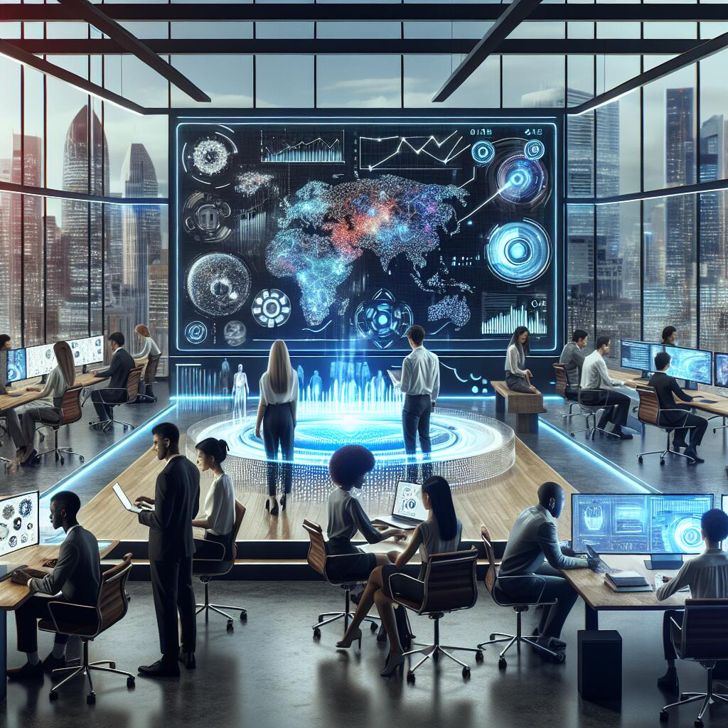 Diverse professionals collaborating in a high-tech office, visualizing generative AI's impact on tech budgets in 2025