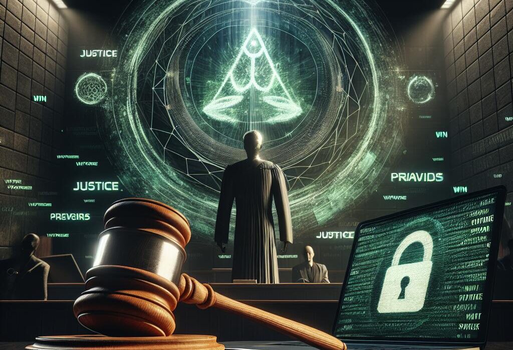 Courtroom scene depicting Meta's victory over Pegasus spyware, symbolizing justice and digital privacy.