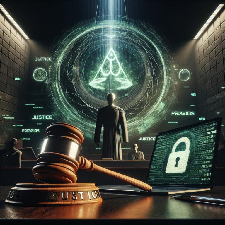 Courtroom scene depicting Meta's victory over Pegasus spyware, symbolizing justice and digital privacy.