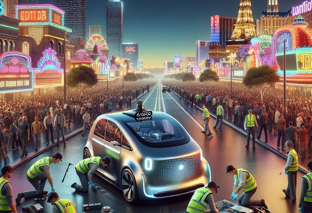 Zoox Robotaxi being inspected for safety on Las Vegas Strip after recall