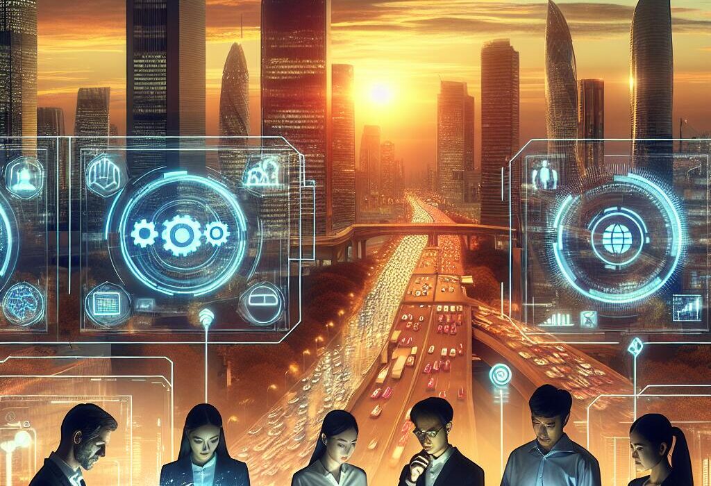 Futuristic skyline with OpenAI and Microsoft logos symbolizing collaboration in technology and revenue sharing by 2030