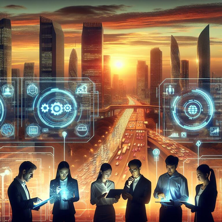 Futuristic skyline with OpenAI and Microsoft logos symbolizing collaboration in technology and revenue sharing by 2030