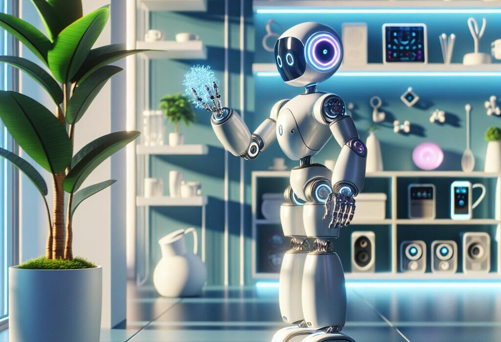 A futuristic Amazon touch-sensitive robot interacting with objects in a modern home, showcasing innovation in robotics.