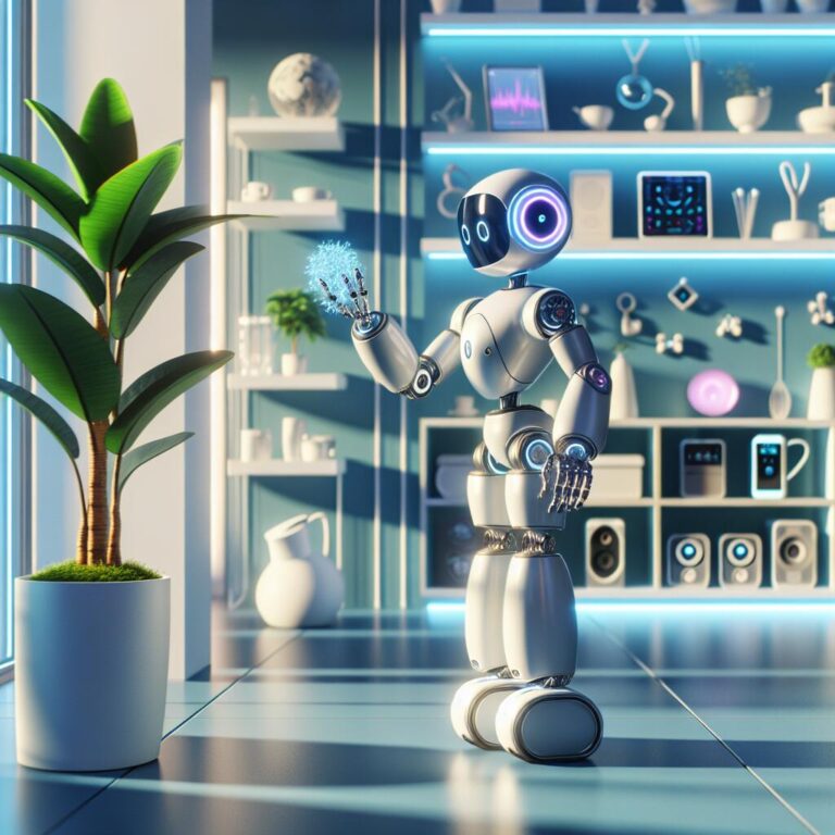 A futuristic Amazon touch-sensitive robot interacting with objects in a modern home, showcasing innovation in robotics.