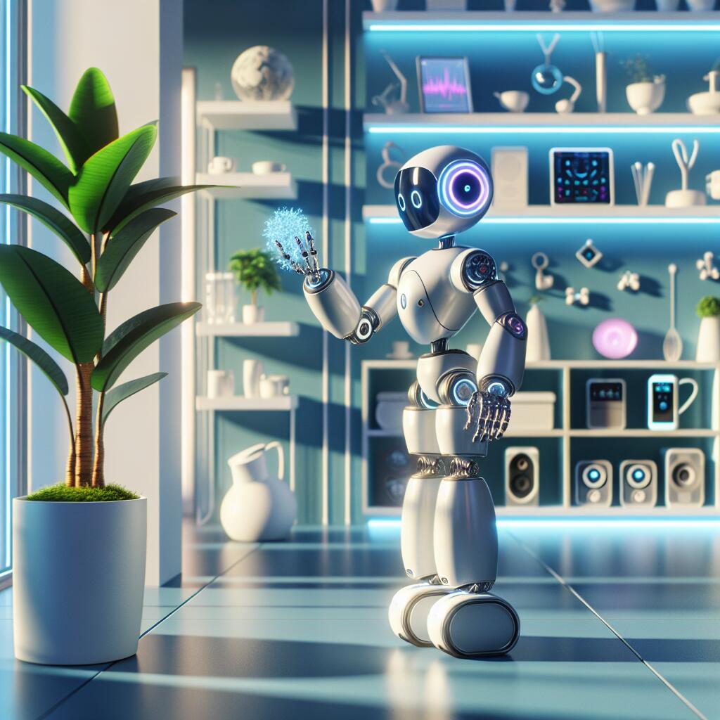 A futuristic Amazon touch-sensitive robot interacting with objects in a modern home, showcasing innovation in robotics.