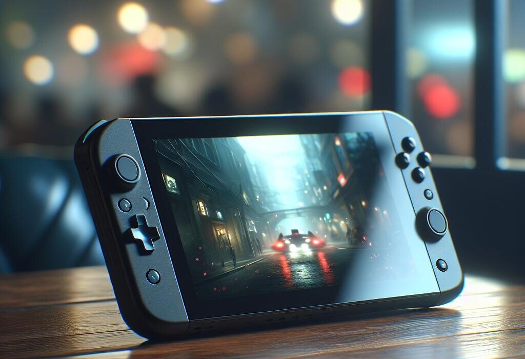 Close-up of the new Xbox handheld device on a wooden table, showing vibrant game display and Asus branding