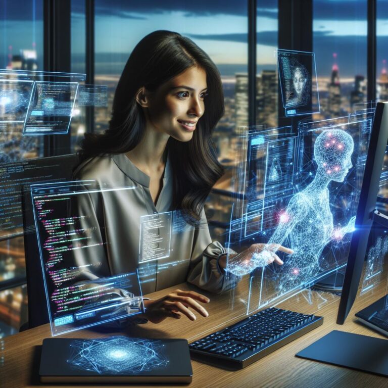 A software developer using an AI code generator at a modern workstation