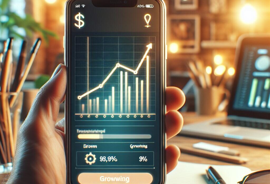 Smartphone displaying Patreon app with earnings graph, in a cozy creator's workspace