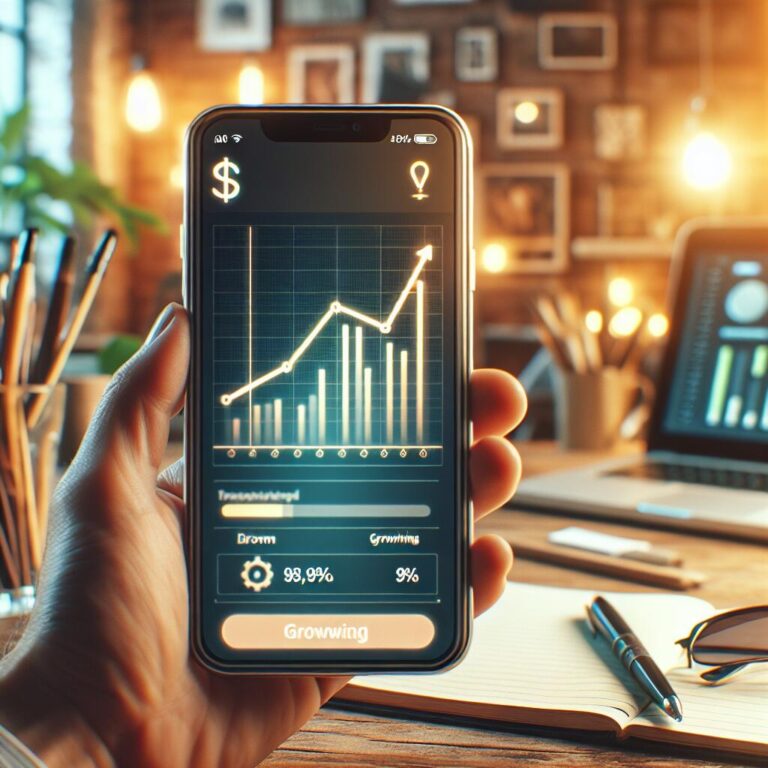 Smartphone displaying Patreon app with earnings graph, in a cozy creator's workspace