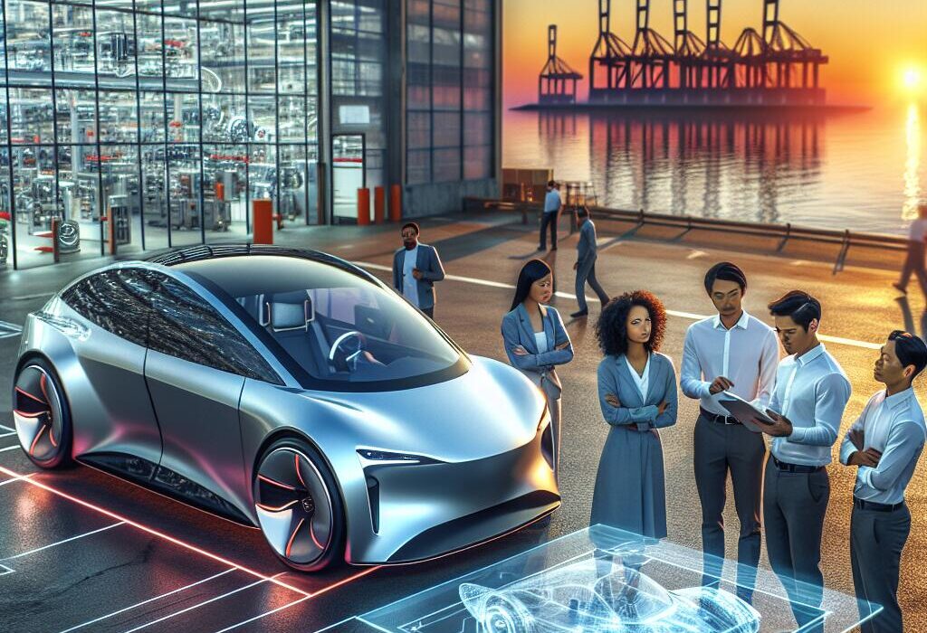 Mitsubishi electric vehicle and Foxconn plant with engineers collaborating on EV designs by the ocean at sunset