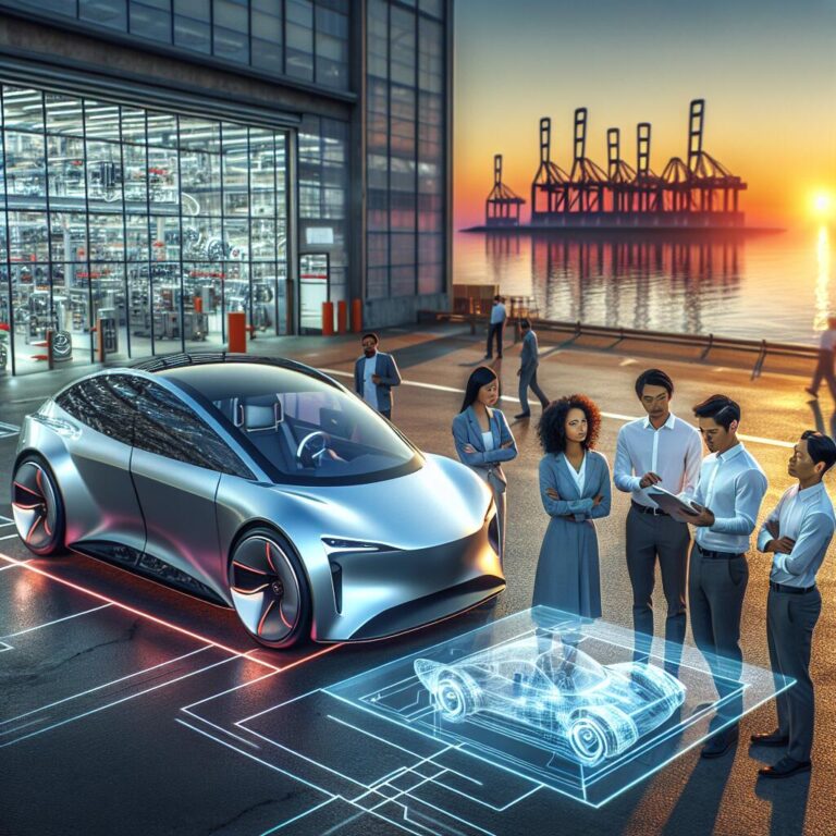 Mitsubishi electric vehicle and Foxconn plant with engineers collaborating on EV designs by the ocean at sunset