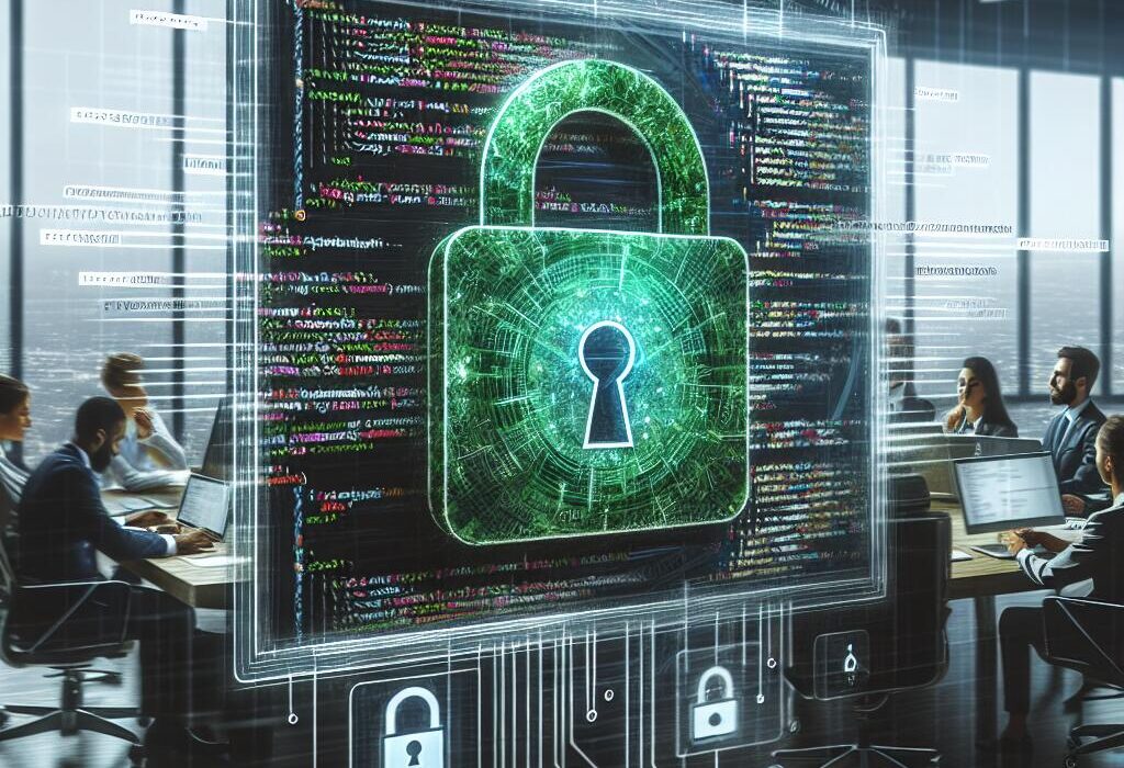 Modern office scene illustrating code security with a prominent green padlock overlay, symbolizing Ox Security's recent funding.