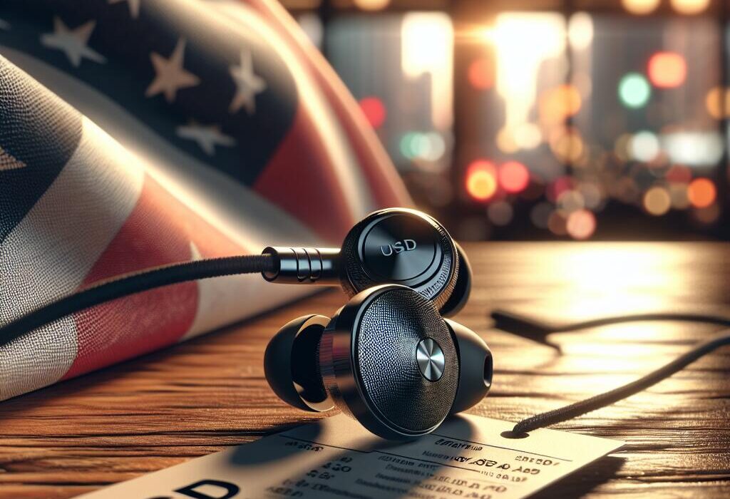 Close-up of Sennheiser open earbuds with a price tag next to an American flag, symbolizing pricing differences across US cities.