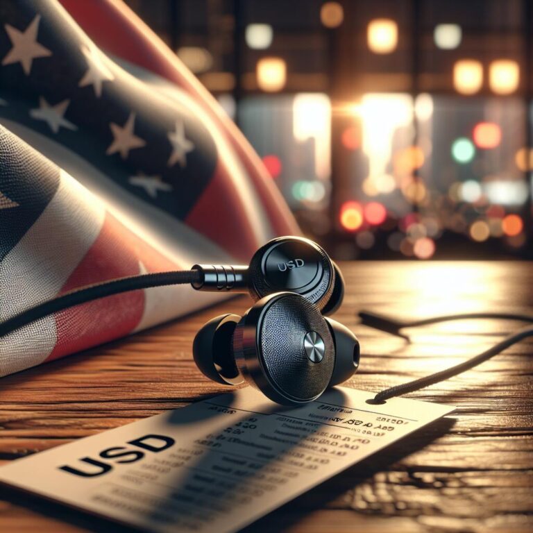 Close-up of Sennheiser open earbuds with a price tag next to an American flag, symbolizing pricing differences across US cities.