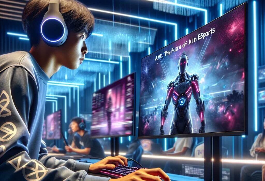 A gamer immersed in a high-tech gaming environment showcasing 'Amy', the AI in esports logo, with digital elements and LED lights.