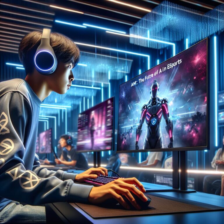 A gamer immersed in a high-tech gaming environment showcasing 'Amy', the AI in esports logo, with digital elements and LED lights.