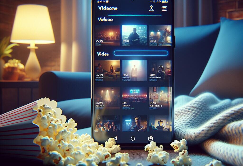 Smartphone with Netflix vertical feed showing thumbnails of short videos, surrounded by popcorn and a cozy living room setting.