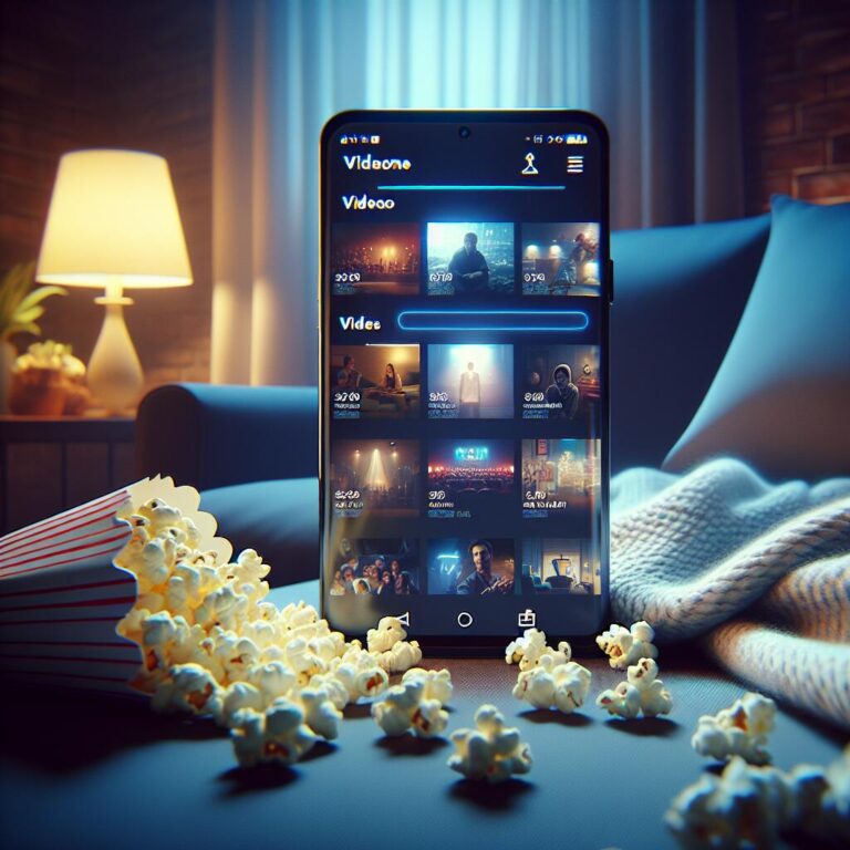 Smartphone with Netflix vertical feed showing thumbnails of short videos, surrounded by popcorn and a cozy living room setting.