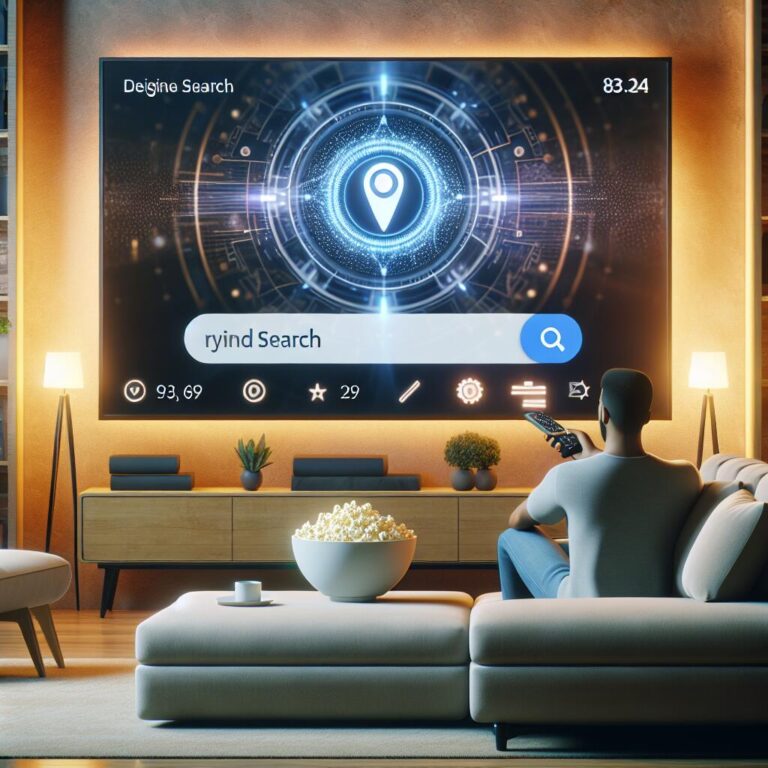 A cozy living room with a TV displaying Netflix's AI-powered search tool, featuring a person using a remote control