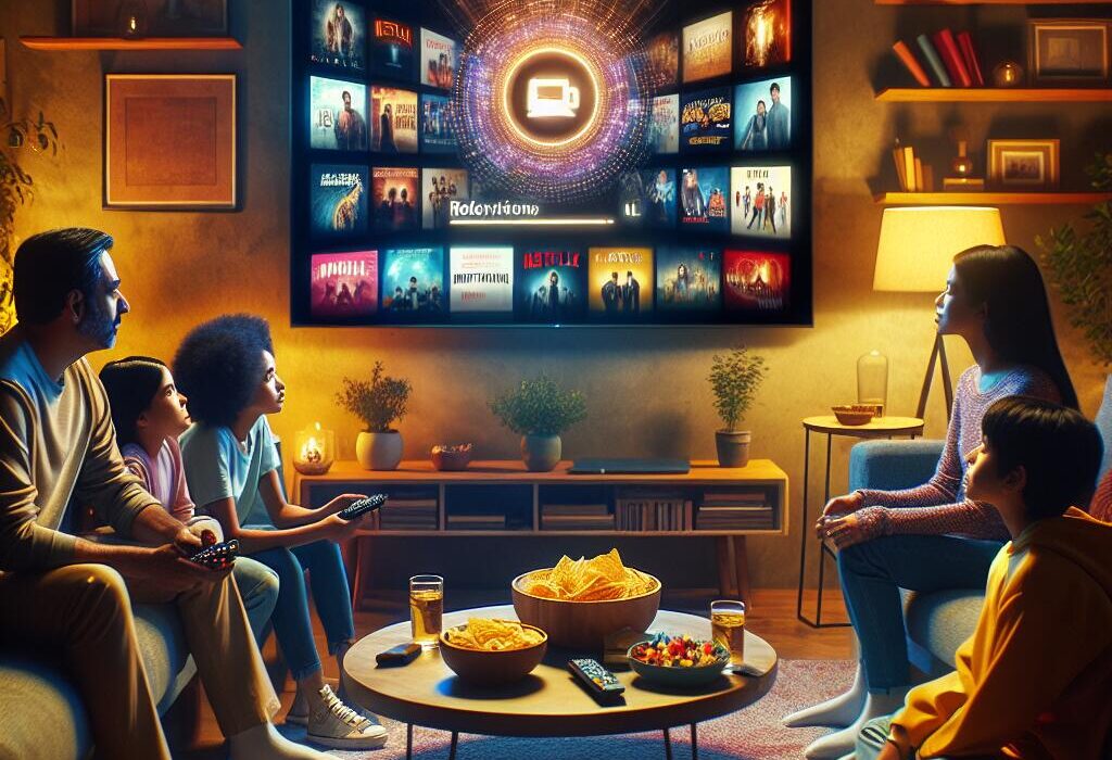 Family enjoying a Netflix movie night with an AI interface recommending personalized content on a smart TV