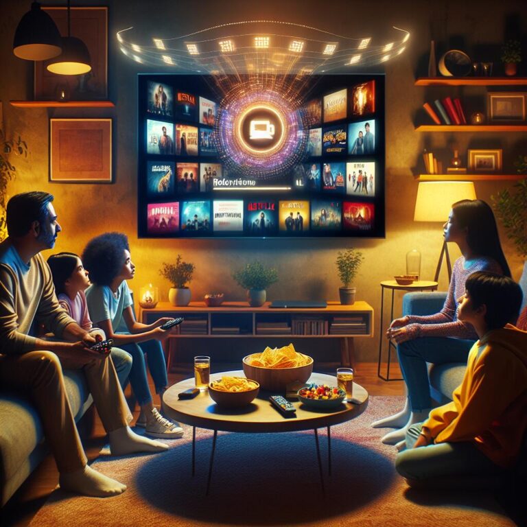 Family enjoying a Netflix movie night with an AI interface recommending personalized content on a smart TV