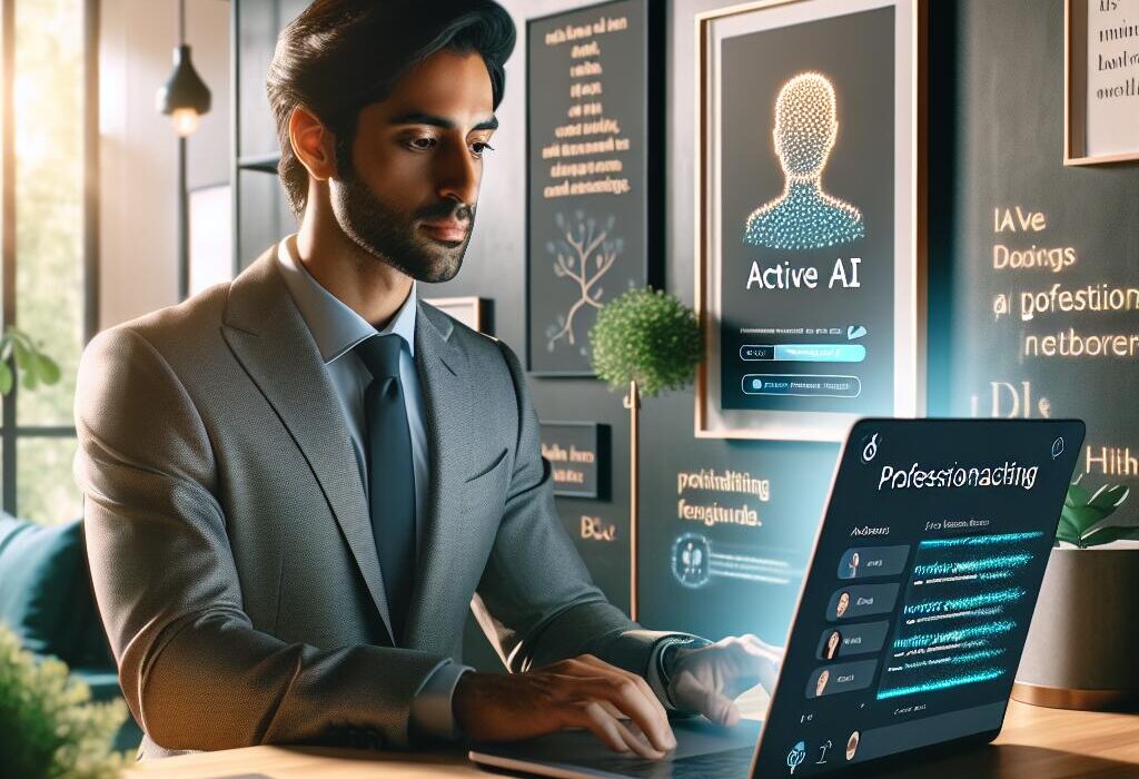 Person using LinkedIn's new AI tool on a laptop in a bright modern office, showcasing job listings and personalized job recommendations.