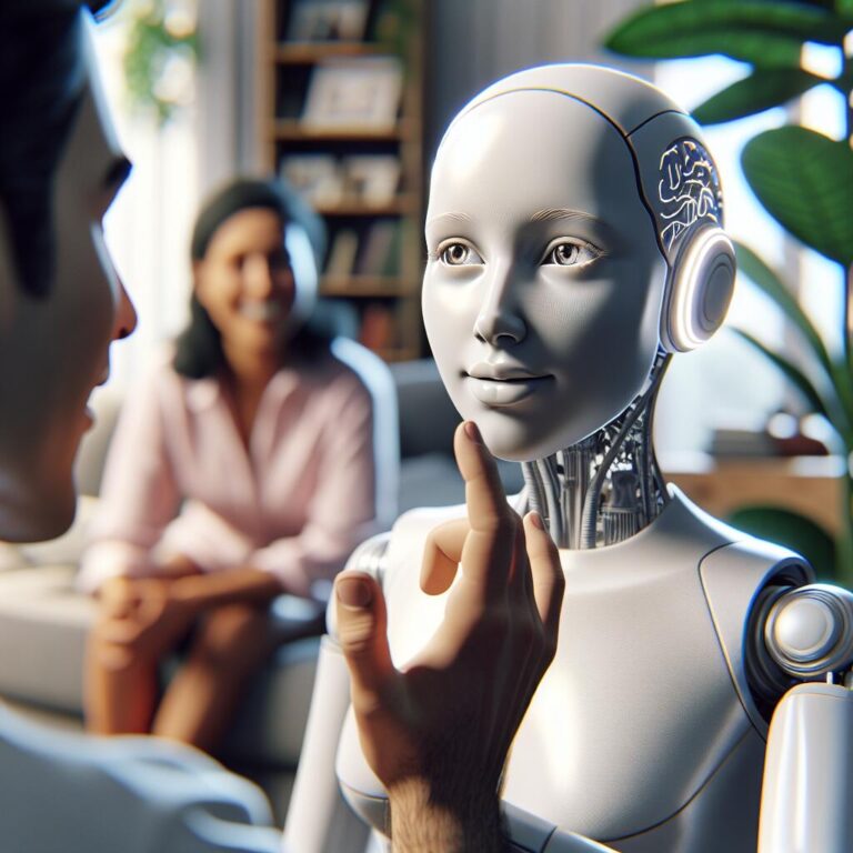 AI avatar communicating with a deaf person using sign language in a cozy living room