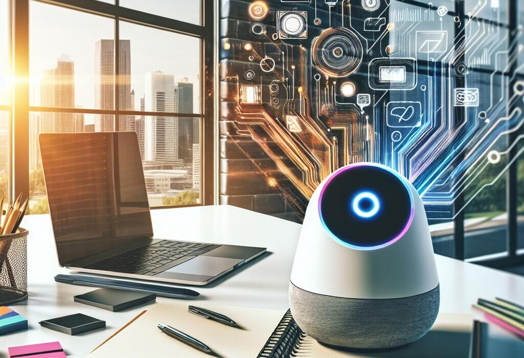 Modern AI assistant device on a desk with affordable innovation tools, showcasing the concept of cost-effective technology.