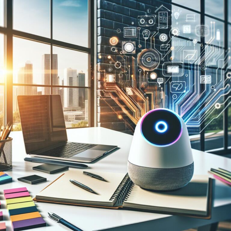 Modern AI assistant device on a desk with affordable innovation tools, showcasing the concept of cost-effective technology.