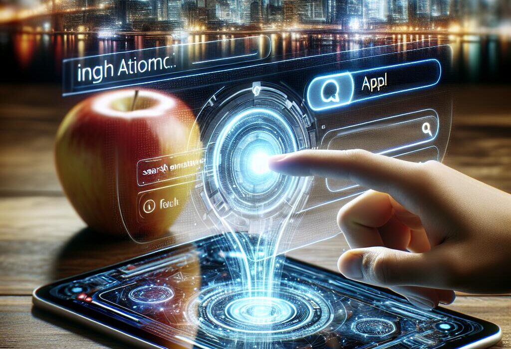 Person interacting with iPhone Safari browser featuring AI-powered search suggestions with an apple in the foreground
