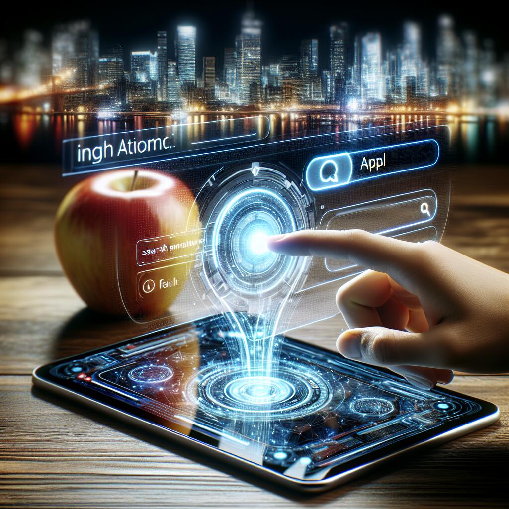 Person interacting with iPhone Safari browser featuring AI-powered search suggestions with an apple in the foreground