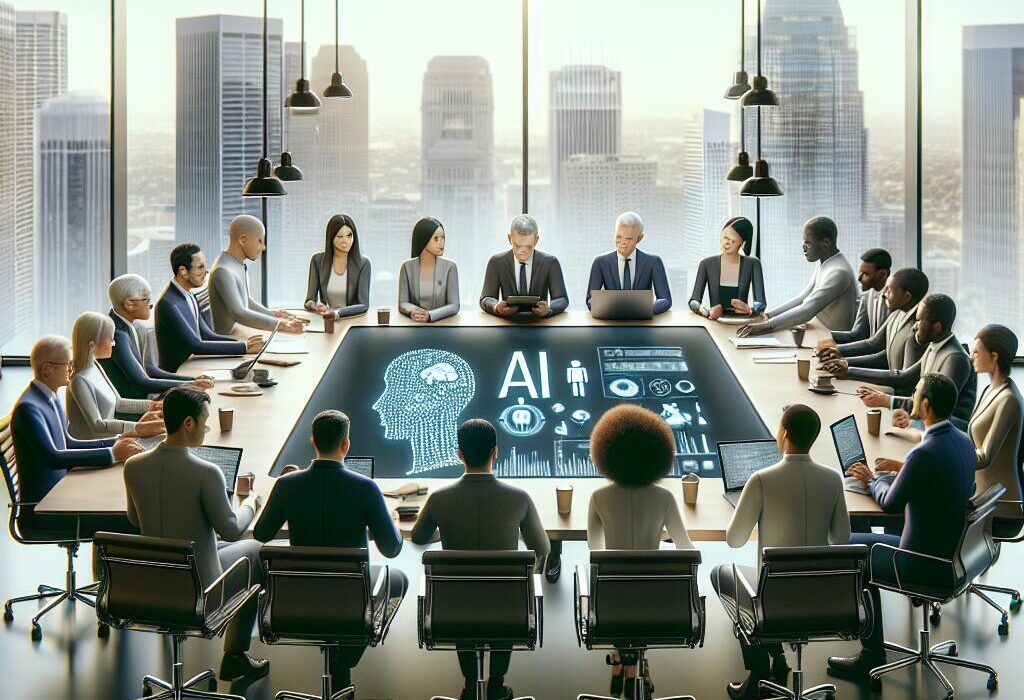 Policymakers and AI experts collaborating on ethical AI guidelines in a modern conference room with a city skyline backdrop.
